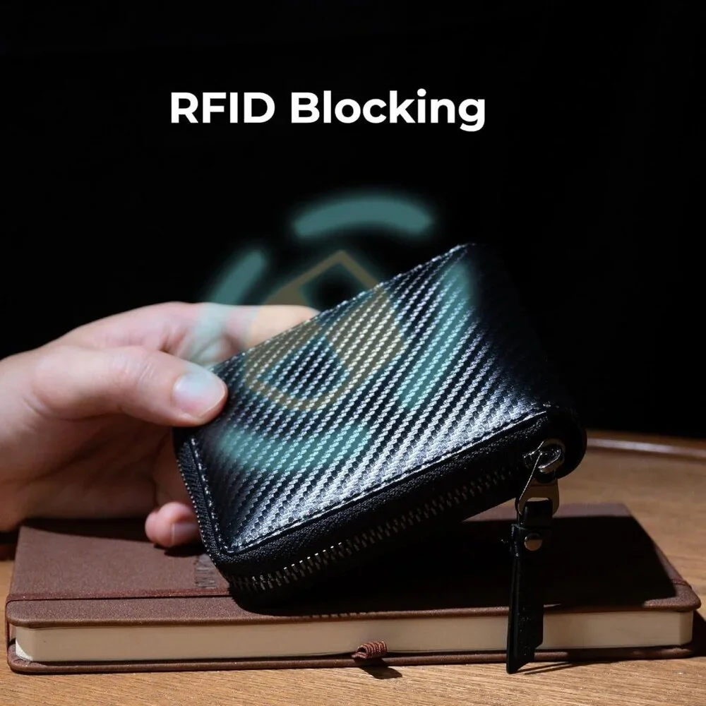 Men's Bifold Black Wallets Card Slot Secure Zipper Closure Holder Leather Style